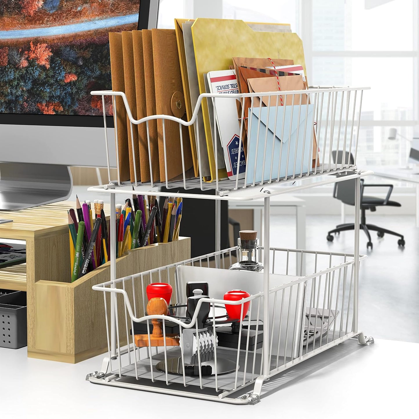 Simple Houseware 2 Tier Cabinet Wire Basket Drawer Organizer, Grey