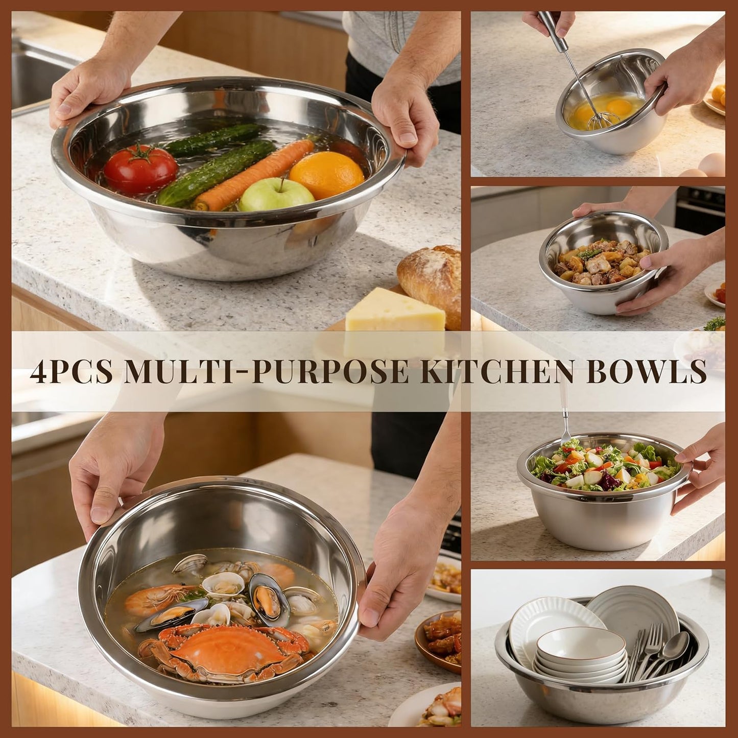 Mixing Bowls Set of 3 Stainless Steel, 7.9″ 10.2″ 14.2″ Metal Bowls for Baking Dough Salad Kitchen