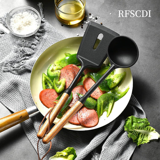 Exquisite Silicone Cooking Utensils Set - Non-Toxic, Heat-Resistant Kitchen Utensils Set with Food-Grade Silicone & Wood Handles - Includes Spatula & Spoon for Non-Stick Cookware, Black