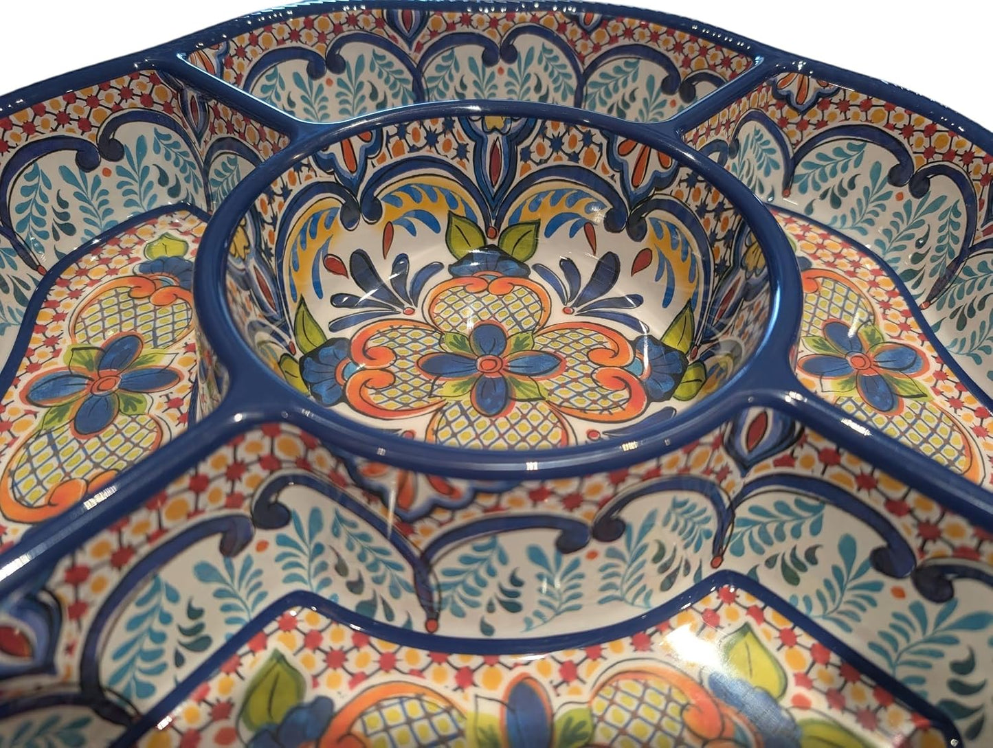 Melamine Plastic Serving Tray with 5 Compartments, Spanish Style Medallion, 15x15x2.5 Inches, for Chips and Dip