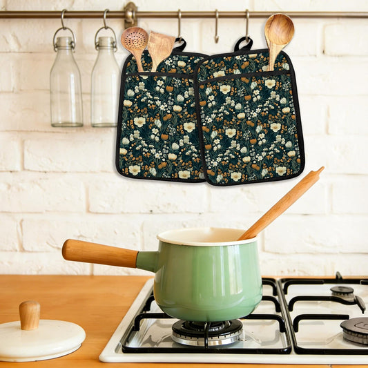 Green Vintage Floral Botanical Pot Holders Heat Resistant, Dark Cottagecore Art Nouveau Wildflower Oven Potholder Hot Pads for Kitchen Countertops Baking Cooking