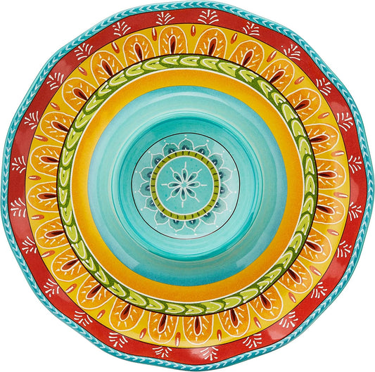 Valencia 13.25" Ceramic Chip & Dip Platter – Colorful Mediterranean Serving Dish with Built-In Center Bowl, Glazed Ceramic Appetizer Tray for Entertaining, Fiesta & Everyday Use