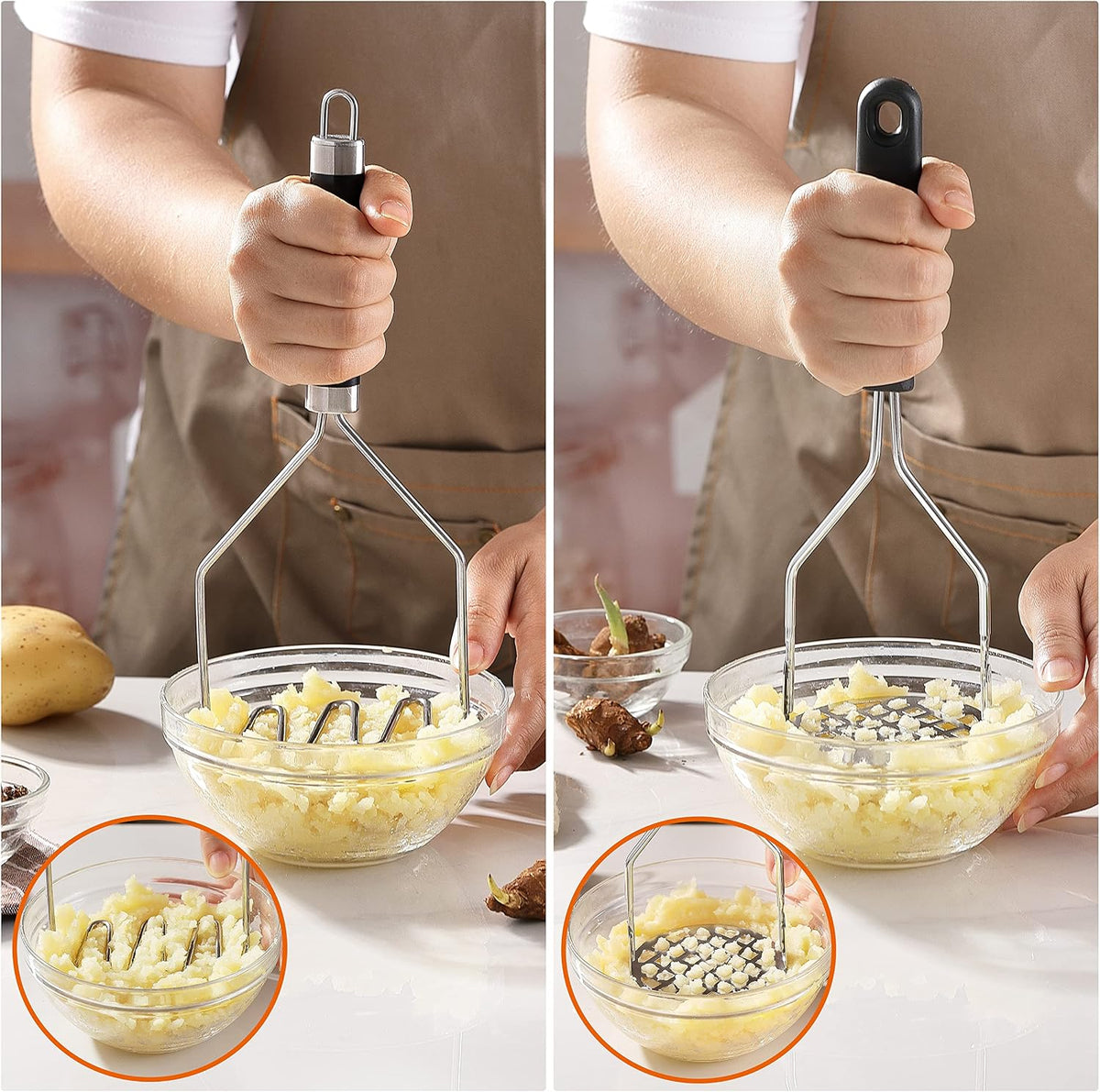 2PCS Potato Masher, OLULU Heavy Duty Stainless Steel Mashed Potatoes Masher, Masher Kitchen Tool for Avocado, Potatoes, Beans, Meat, Vegetables, 10.24inch, Dishwasher Safe