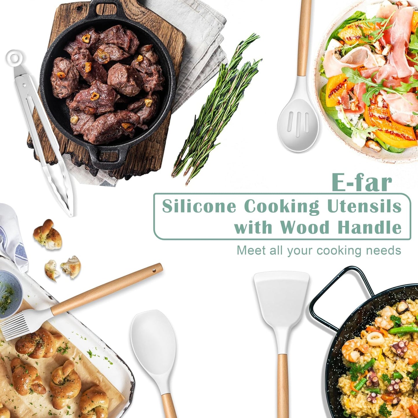 E-far Silicone Cooking Utensils Set, 5-Piece Kitchen Utensils Set with Wooden Handle for Cooking, Silicone Kitchen Nonstick Tools Spatula Turner Slotted Spoons, Nontoxic & Heat Resistant-Khaki