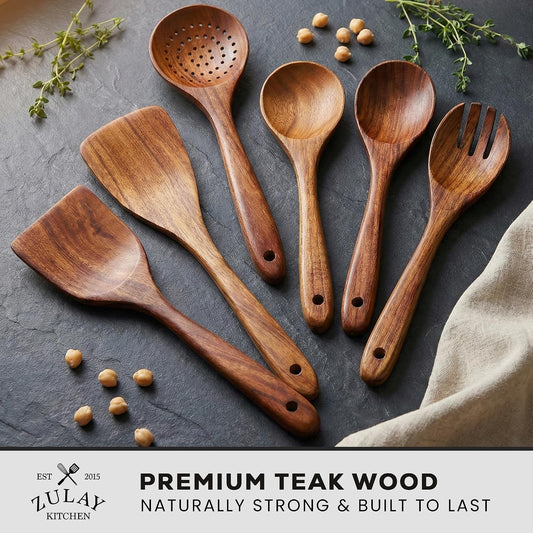 Zulay Kitchen Wooden Spoons for Cooking – Natural Teak Wooden Utensil Set, Easy to Clean, Durable, Smooth with Comfort Grip - Non Toxic Wooden Cooking Utensil Sets