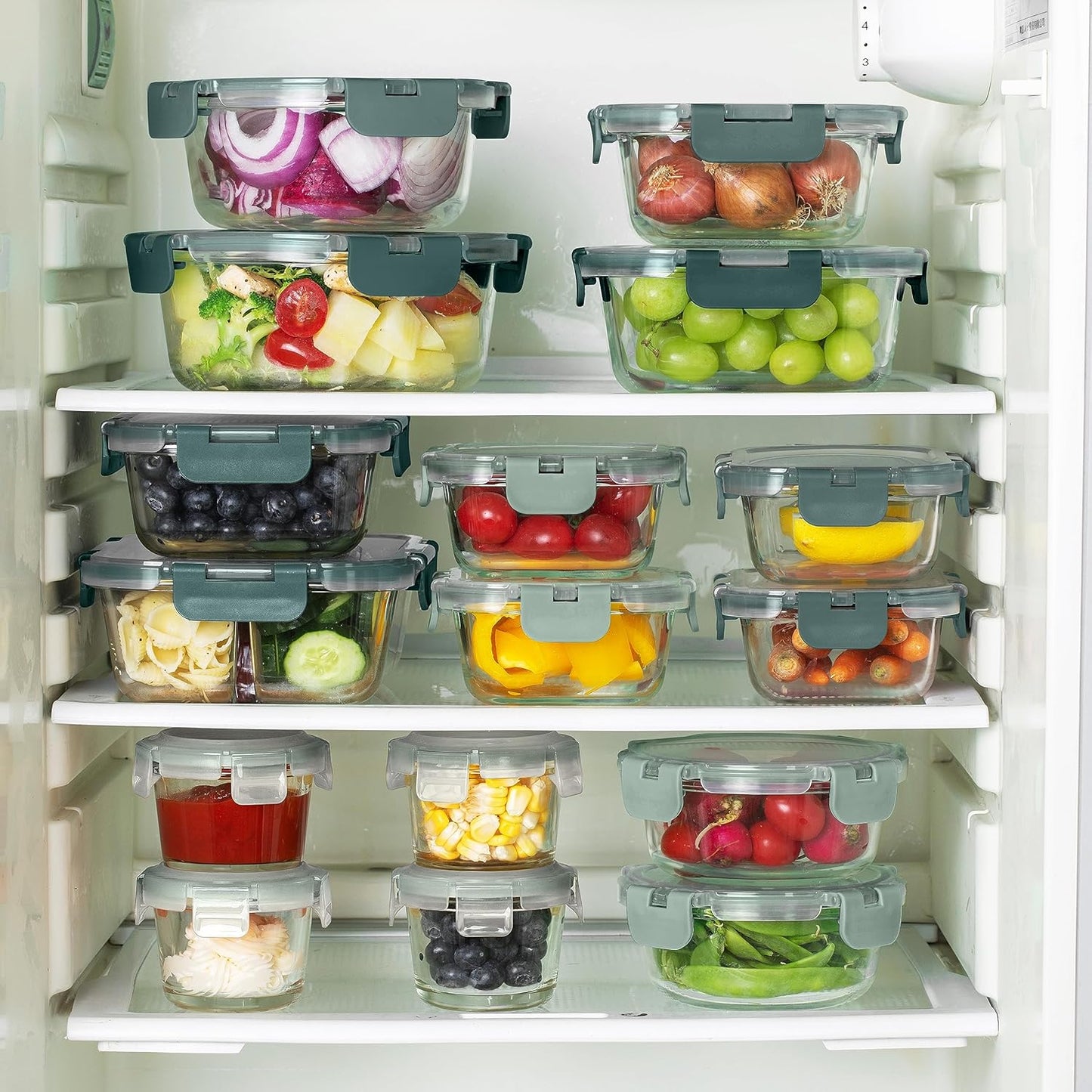 COOK WITH COLOR Premium 32-Pc. Borosilicate Glass Food Container Set with Dividers - 4 Rectangles, 8 Rounds, 4 Squares - Leakproof Lids - Meal Prep, Storage, Fluted Ombre Green