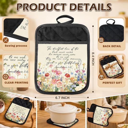 Wildflower Christian 2 Pcs Pot Holders with Pocket, Rustic Cottagecore Floral Bible Verse Religious Heat Resistant Potholders Hot Pad for Kitchen Baking Cooking