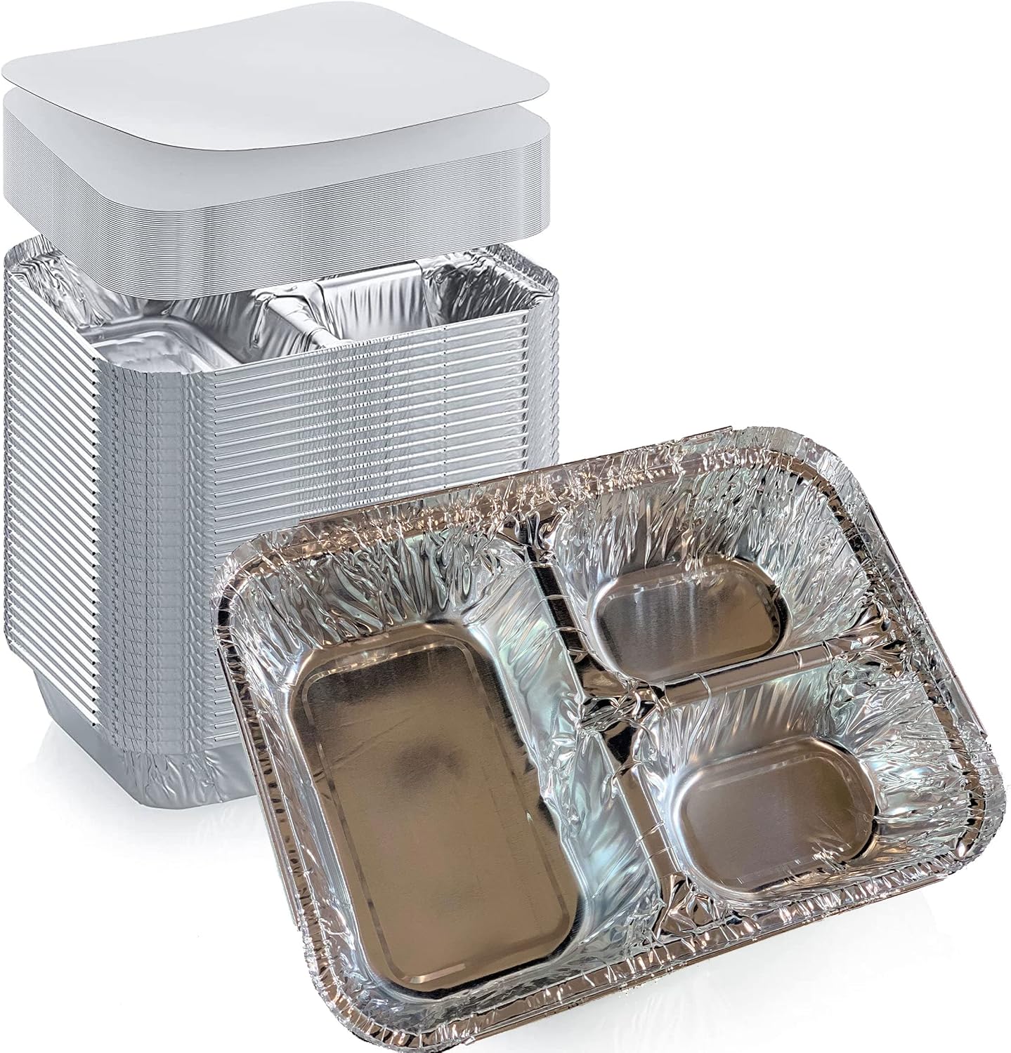 Disposable Aluminum Foil Tray with Paper Board Lids (Case of 250 sets) – L 8 1/2" x W 6 1/2" x H 1 1/2" 3-Compartment Foil Pan