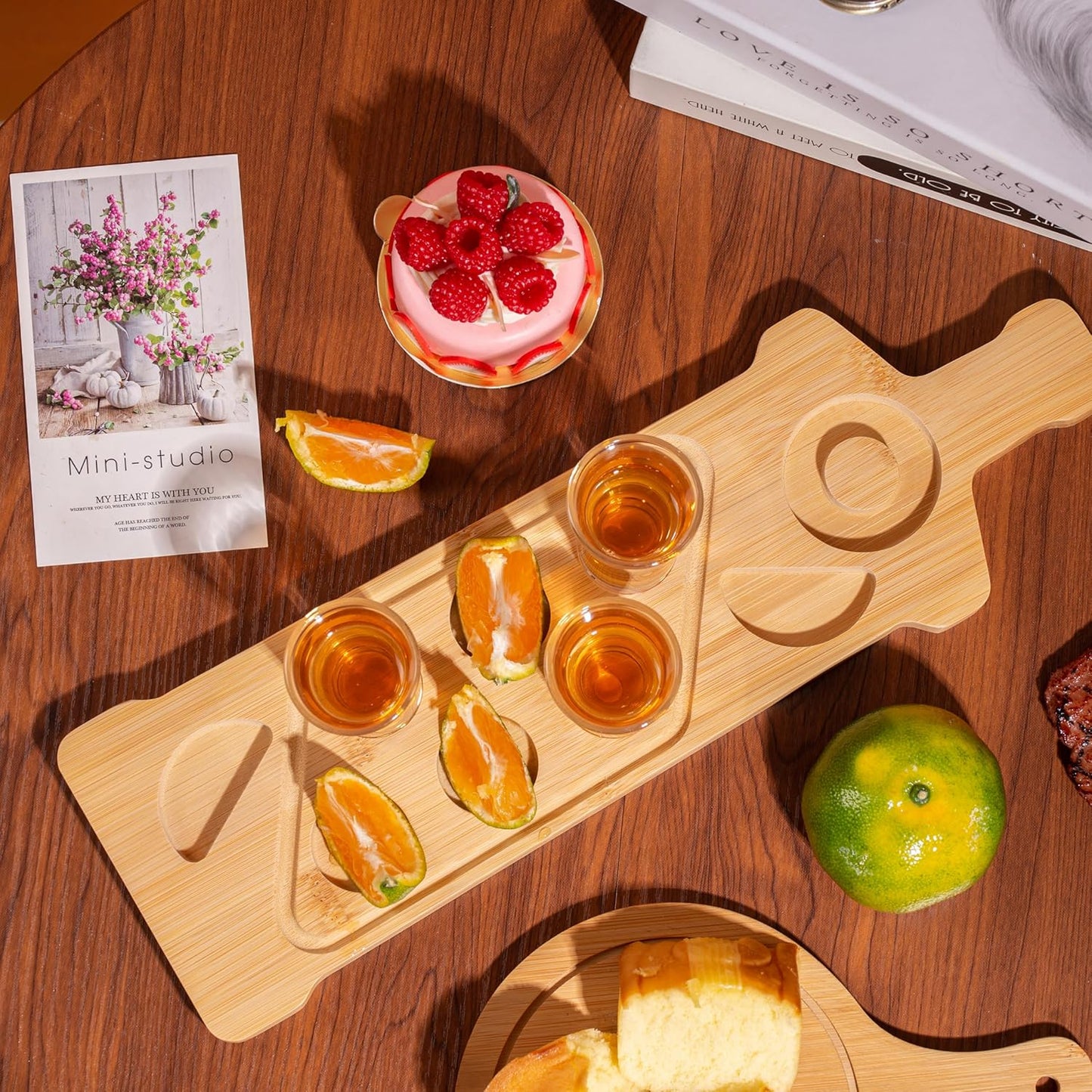 Tequila Shot Board Set - Serving Tray with 6 Glasses, Lemon Space, Salt Rimmer - 1.5 Oz Shots Holder for Margarita, Liquor, Party