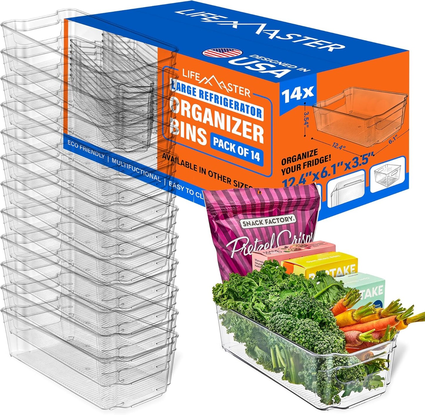 2-Piece Stackable Refrigerator Bin Organizer Set with Easy Grip Handles - Clear Multi-Purpose Storage Bins for Fridge and Pantry Use