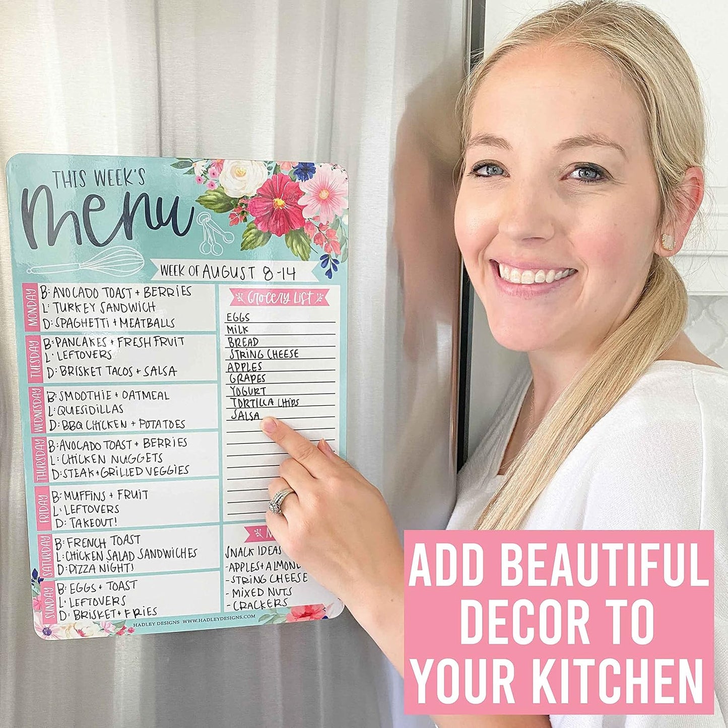 Hadley Designs Weekly Meal Planner Dry Erase Board for Refrigerator, Floral Magnetic Weekly Menu Board for Kitchen Conversion Chart, Meal Planner for Refrigerator, Magnetic Menu Board for Fridge