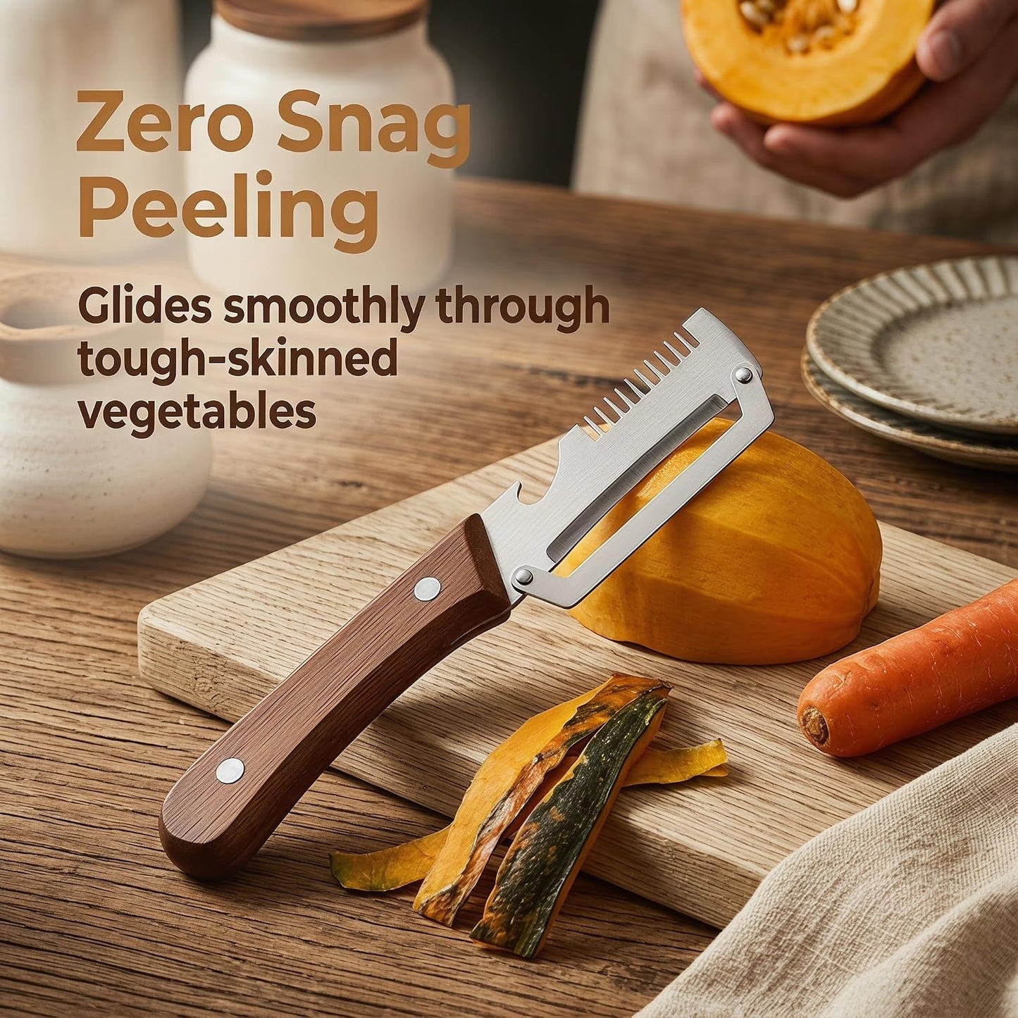 Multifunctional Vegetable Peeler, 3-In-1 Kitchen Gadget With Wooden Handle, Bottle Opener And Shredder, Suitable For Potatoes, Pumpkins, Carrots And Other Vegetables Or Fruits. (1)
