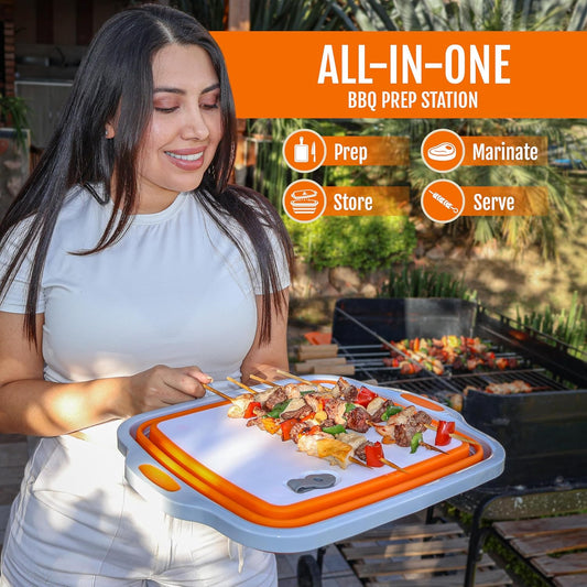 Collapsible BBQ Prep Tub with Lid & Cutting Board – 8L Folding Meat Marinating Container – Multipurpose Tub for Food Storage, Camping & Grilling – Portable Meal Prep Tray for Outdoor Cooking