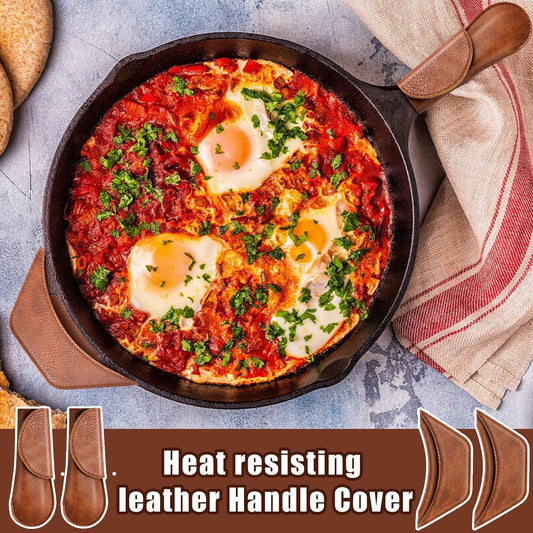 6 Pieces Cast Iron Handle Cover Handmade Thick Skillet Handle Cover Full Grain Frying Pan Sleeve Rustic PU Leather Hot Holder Double Layered Leather Assist Grip for Kitchen