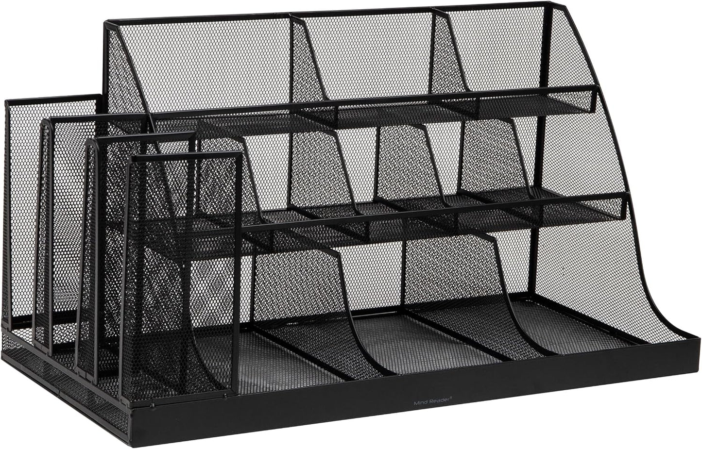 Mind Reader Cup and Condiment Station, Breakroom Countertop Organizer, 3-Tier Storage for Office Coffee Stations and Shared Spaces, Metal Mesh, Black