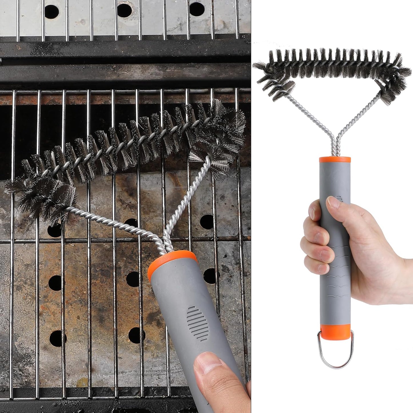 UNCO- 3-Sided Grill Brush - Stainless Steel, 12.2" - BBQ Grill Cleaner Brush