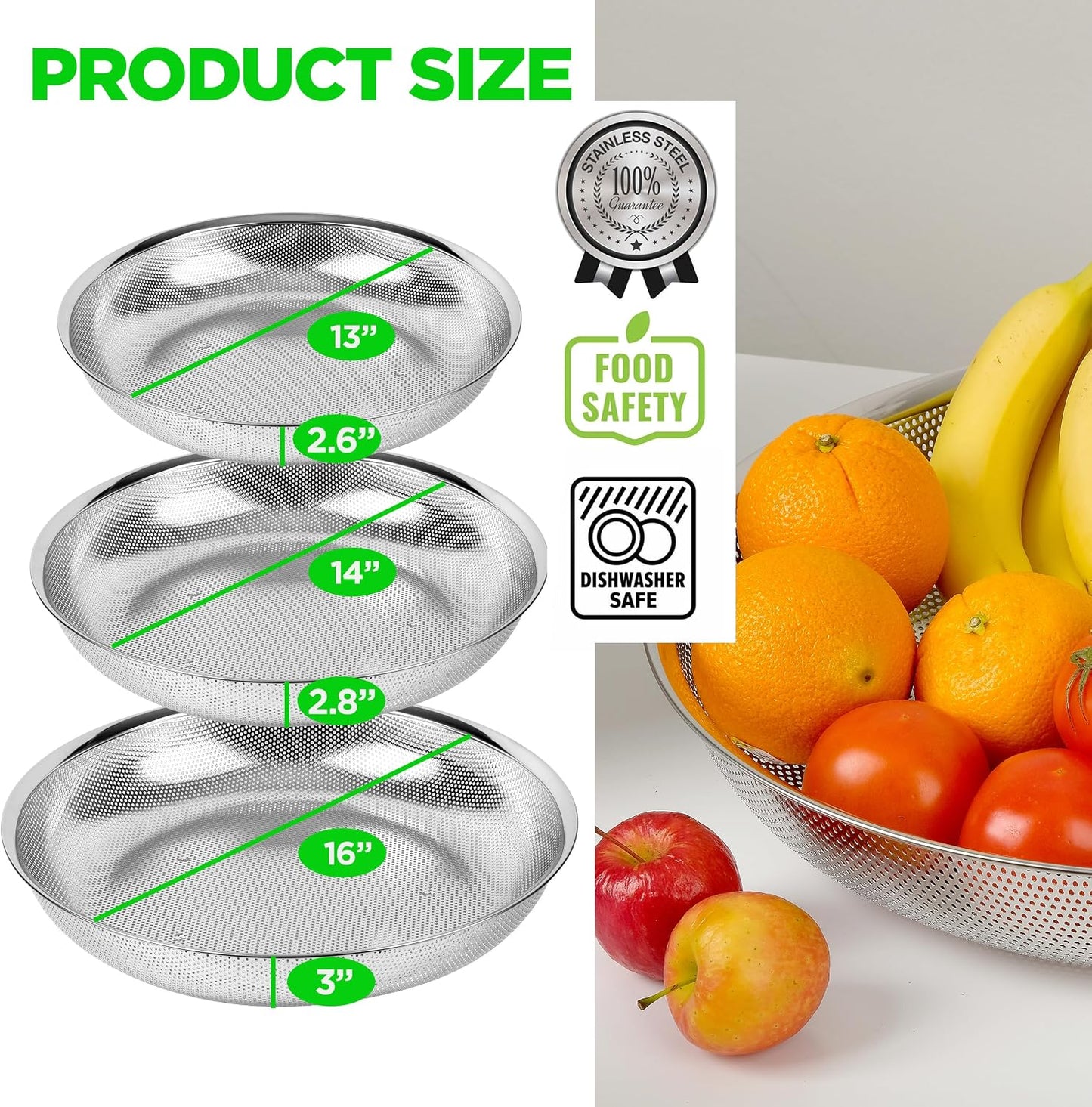 Premium 18/8 304 Stainless Steel Micro-Perforated Small and Big Colander Set of 4 with rings - 3.5-5.5-7.5-9.5 Quart Set, Self-Draining Solid Base for Pasta, Fruits, Vegetables
