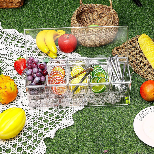 5 Compartment Condiment Server, Ice Chilled Condiment Containers with Hinged Lid Chilled Caddy with 5 Removable Dishes and 15 Pieces Stainless Steel Serving Tongs Serving Spoons Fruit Forks