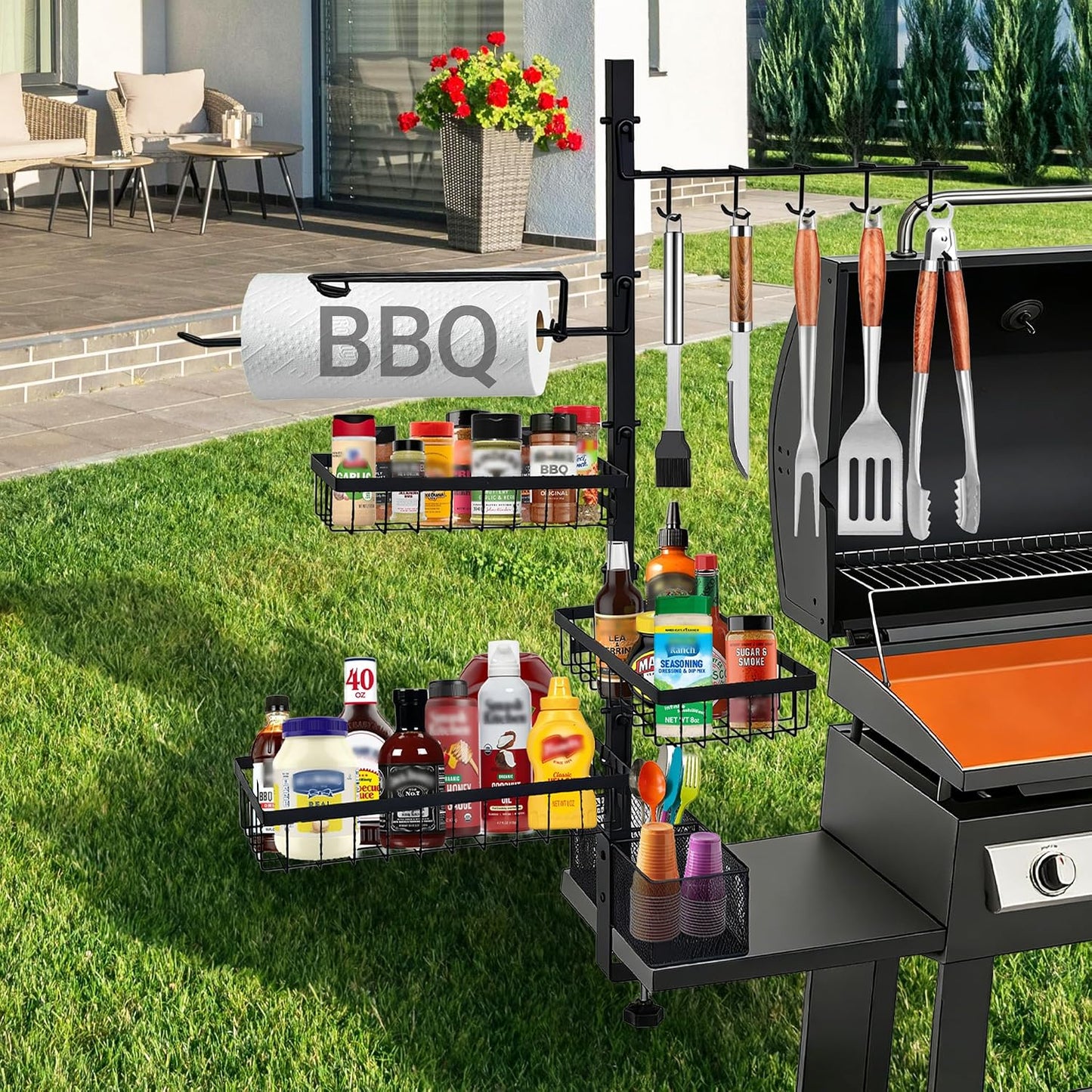 Griddle Caddy Organizer for Blackstone Griddles/Prep Cart, Grill Utensil Condiment Caddy with Paper Towel Holder, Outdoor Kitchen Grill Accessories Organizer for Camping RV Patio, Gifts for Men, Dad
