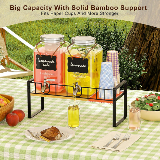 2-pack 1 Gallon Drink Dispenser,Glass Beverage Dispenser with Spigot,Lemonade dispenser Bamboo Stand for Outside, Glass Drink Dispensers for Parties with Ice Core