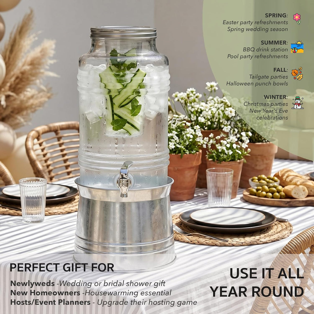 Circleware Breeze Glass Beverage Dispenser with Base Metal Stand, 2.4 Gal