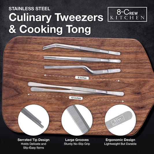 8-CREW KITCHEN Chef Tweezers - 3 Stainless Steel 8” Culinary Tweezers for Plating, Bar and Multi-Purpose with a 10” 304 S/S Tweezer for Cooking