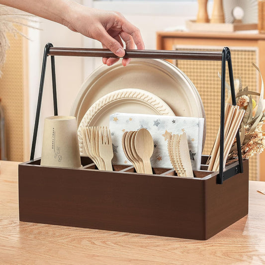 PTSTING Silverware Caddy Wood Utensil Holder Paper Plate Dispenser Silverware Utensil Caddy Cutlery Flatware Organizer Box for Spoons Forks Plates Napkins
