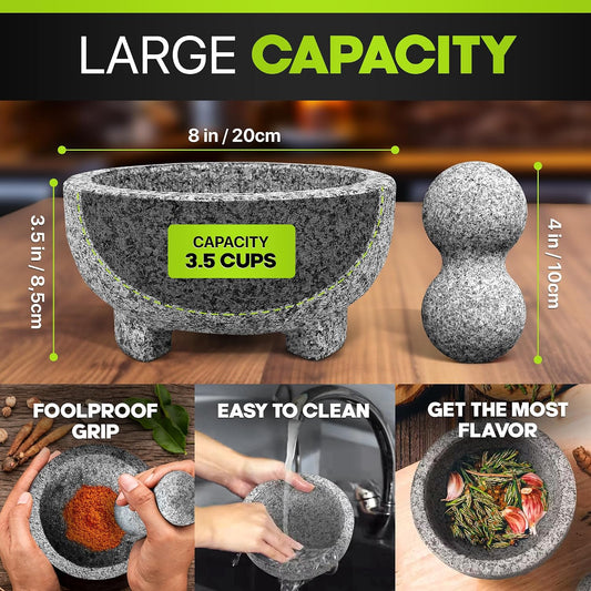 Umien Granite Mortar and Pestle Set 8-Inch (3.5-Cup), Molcajete, Grey