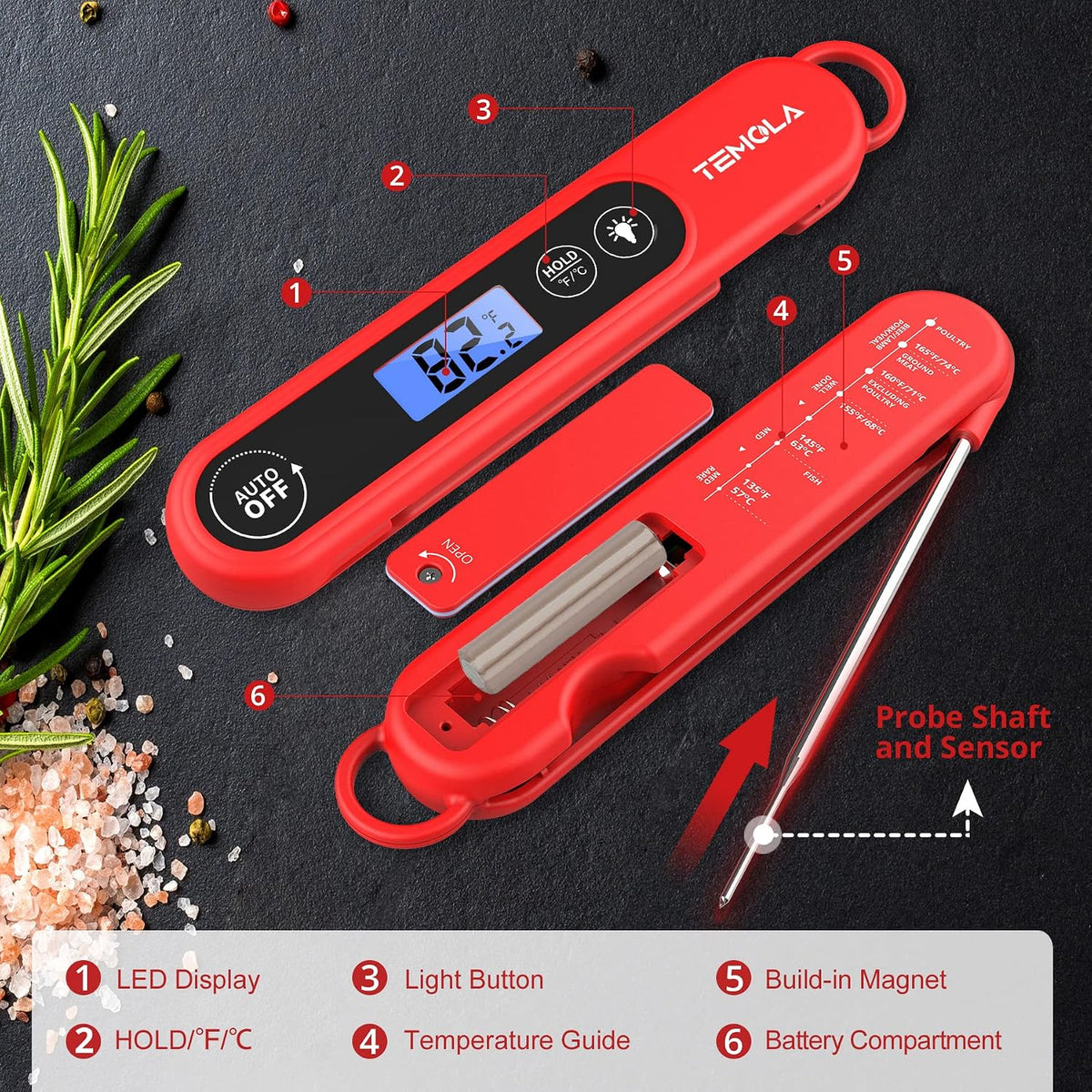 TEMOLA Meat Thermometer, Instant Read Food Thermometer for Cooking, Digital Food Thermometer with LCD Backlight for Candy Fry Grill BBQ Liquids, Kitchen Oven Safe Dual Probe 2 in 1 Thermometer