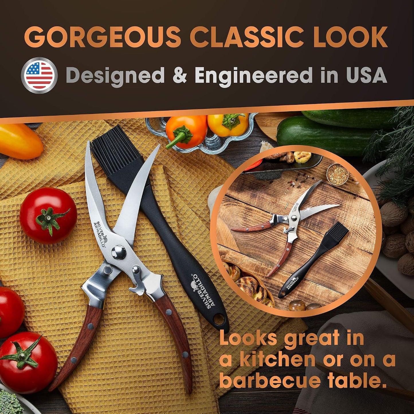 Heavy Duty Poultry Shears - Professional Stainless Steel Kitchen Scissors for Bone, Chicken, Meat, Fish & Vegetables - Spring Loaded (Stainless Steel handles)