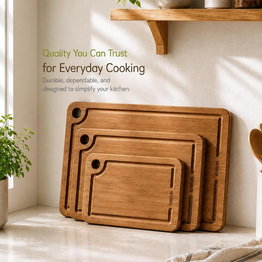 Bamboo Cutting Board for Kitchen, 3-Piece Wooden Cutting Board Set with Deep Juice Grooves, Side Handles, Non-Slip Mats, Reversible Chopping Boards for Meat, Veggies, Fruit, Cheese Serving