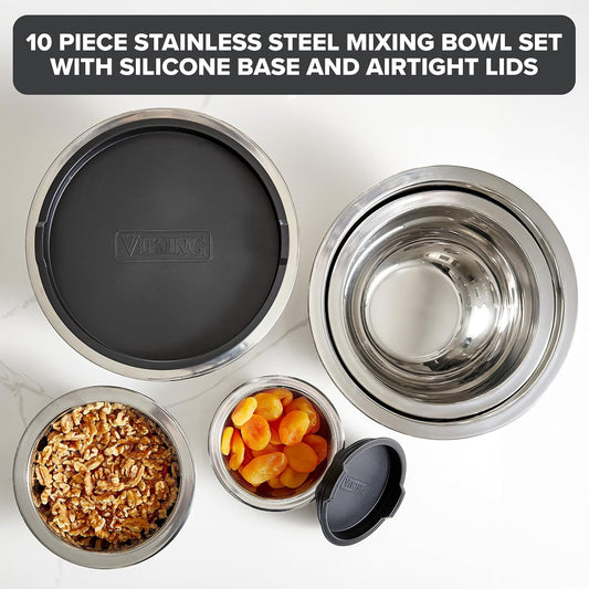 Viking Mixing Bowls Set, 10 Piece Stainless Steel Kitchen Cookware, Non-Slip Silicone Base, Includes Tight Fit Lids, Dishwasher Safe, Grey
