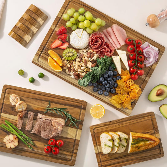 THETCHRY Teak Wood Cutting Board Set of 3 Wooden Cutting Boards for Kitchen | Premium Teak Wood • FSC Certified • Deep Juice Groove • Built-In Handles • Non-Slip Feet • 3 Practical Sizes • Gift-Ready Box