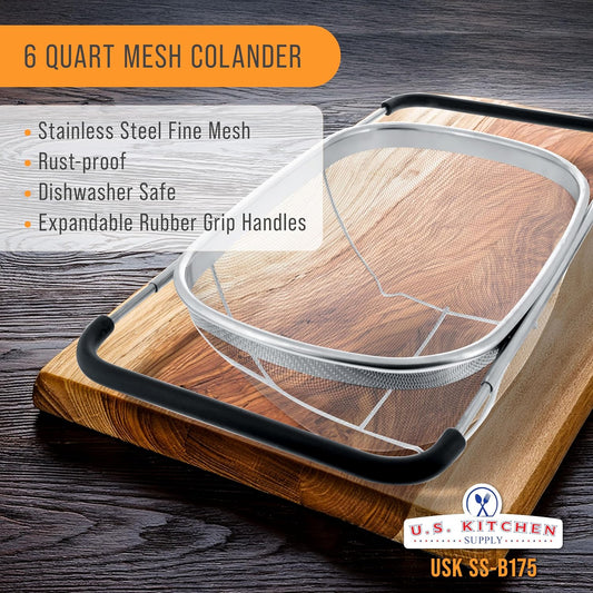 U.S. Kitchen Supply Stainless Steel Colander Strainer - 6-Quart Collapsible Colander with Expandable Rubber Handles - Rectangular Sieve, Fine Mesh Stainless Steel Strainers and Colanders for Kitchen