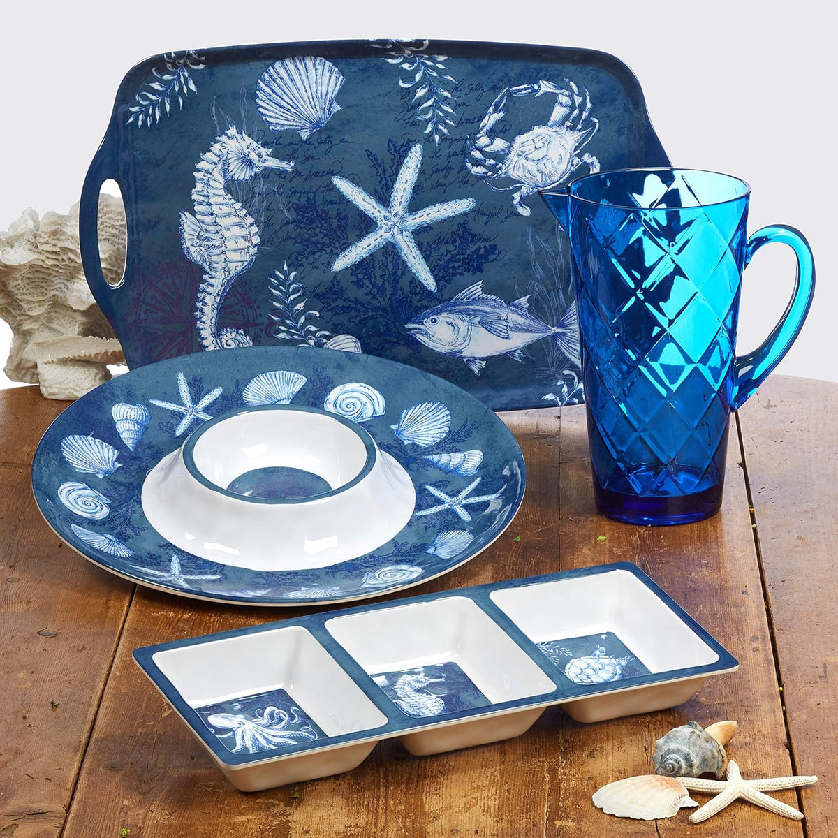 Oceanic 3-Piece Melamine Hostess Set – Includes Chip & Dip Server, 3-Section Relish Tray, and Rectangular Fish Platter – BPA-Free, Break-Resistant, Dishwasher Safe – Perfect for Indoors or Out