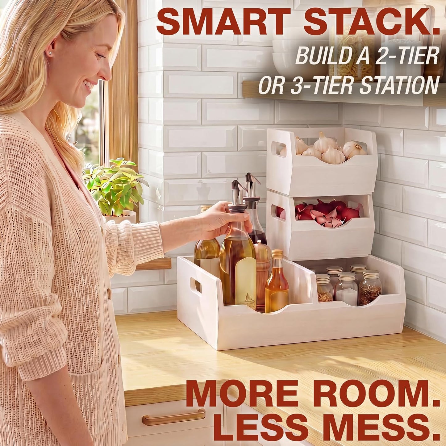 HOMESTEAD Stackable Solid Wood Storage Bins for Kitchen Pantry & Countertop, Ventilated Potato and Onion Basket Organizer with Handles, Wooden Produce Storage Containers, 3-Pack, Chestnut Finish