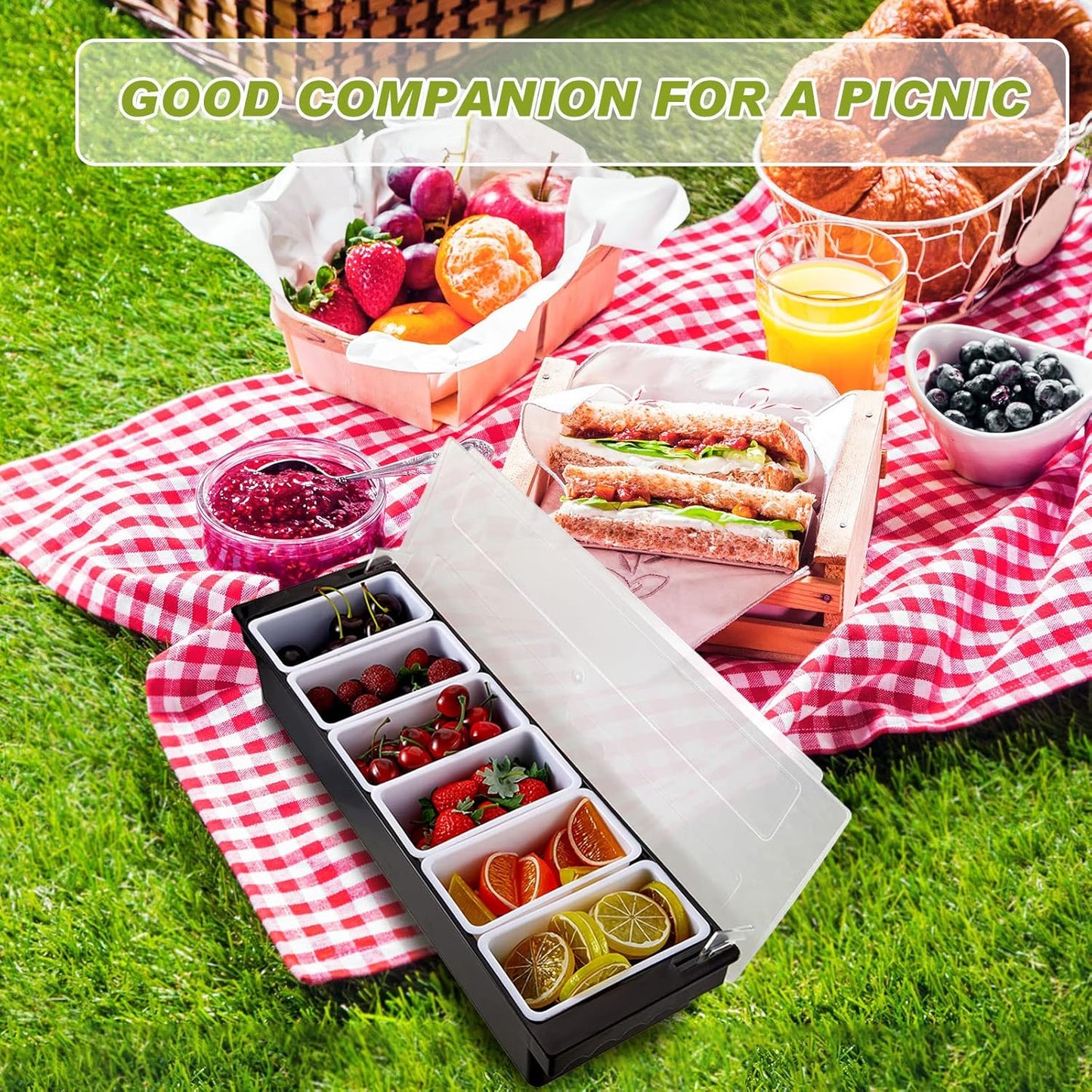 2 Pcs Bar Fruit Caddy with Lid Salad Condiment Server Black Plastic Garnish Tray Ice Chilled Condiment Caddy for Home Restaurant Bartending Serving Veggie Taco Salad Party Supplies(6 Compartments)