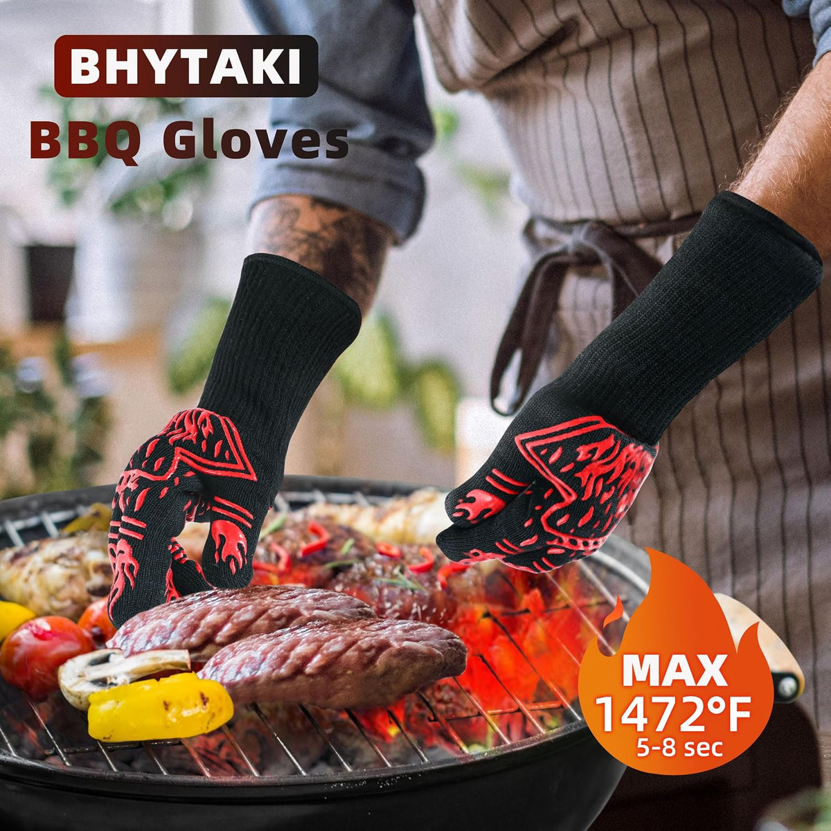 BBQ Gloves 1472F Heat Resistant Anti Slip Long with 2 Hooks