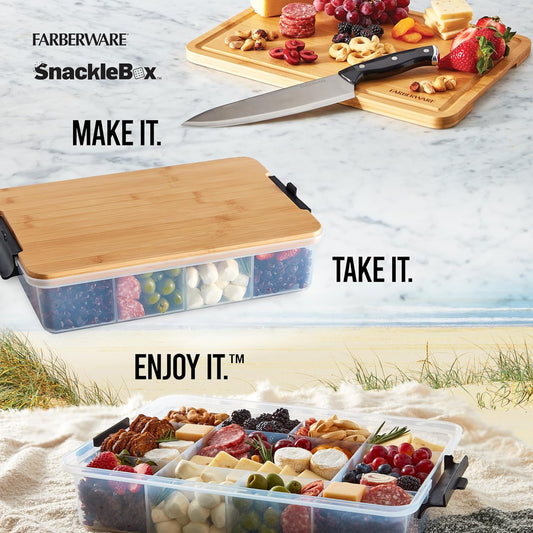 Farberware Small Build-a-Board Snacklebox with Locking Plastic Cutting Board Lid, Portable Charcuterie Storage with 7 Compartments