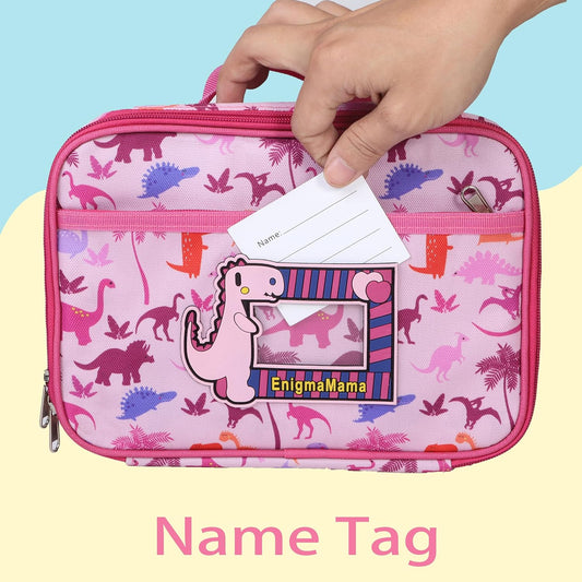 Kids Dinosaur Lunch Bag with Reusable Bento Box, Insulated & Leak-Proof Lunch Container Set with Name Tag, 6 Compartments, Fork & Spoon, Ideal for School, Travel, and Picnics (Pink Dinosaur)