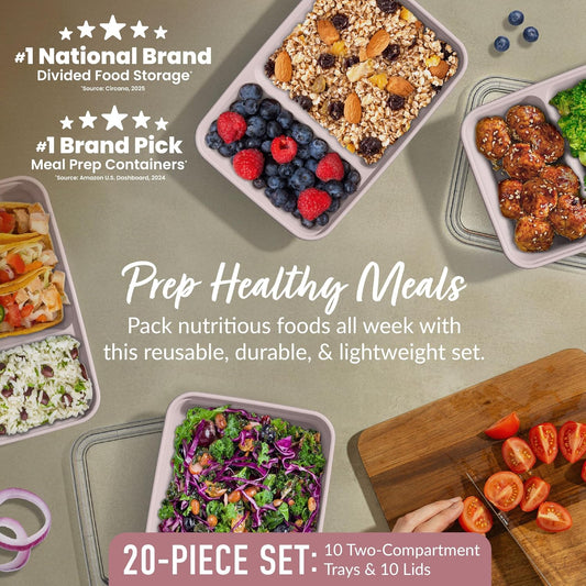 Bentgo Prep - 20-Piece 2-Compartment Reusable Meal Prep Containers with Lids, PFAS & BPA Free Materials, Durable, Microwave, Freezer, & Dishwasher Safe To Go Food Storage (Rose Gold)