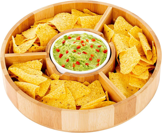 Strova Chip and Dip Serving Bowl – Wooden Appetizer Platter Set with Dip Cup for Salsa, Guacamole, Nacho, Vegetables, Taco Chip, Snacks and More – 12 Inch Diameter. Perfect for the BIG GAMES !