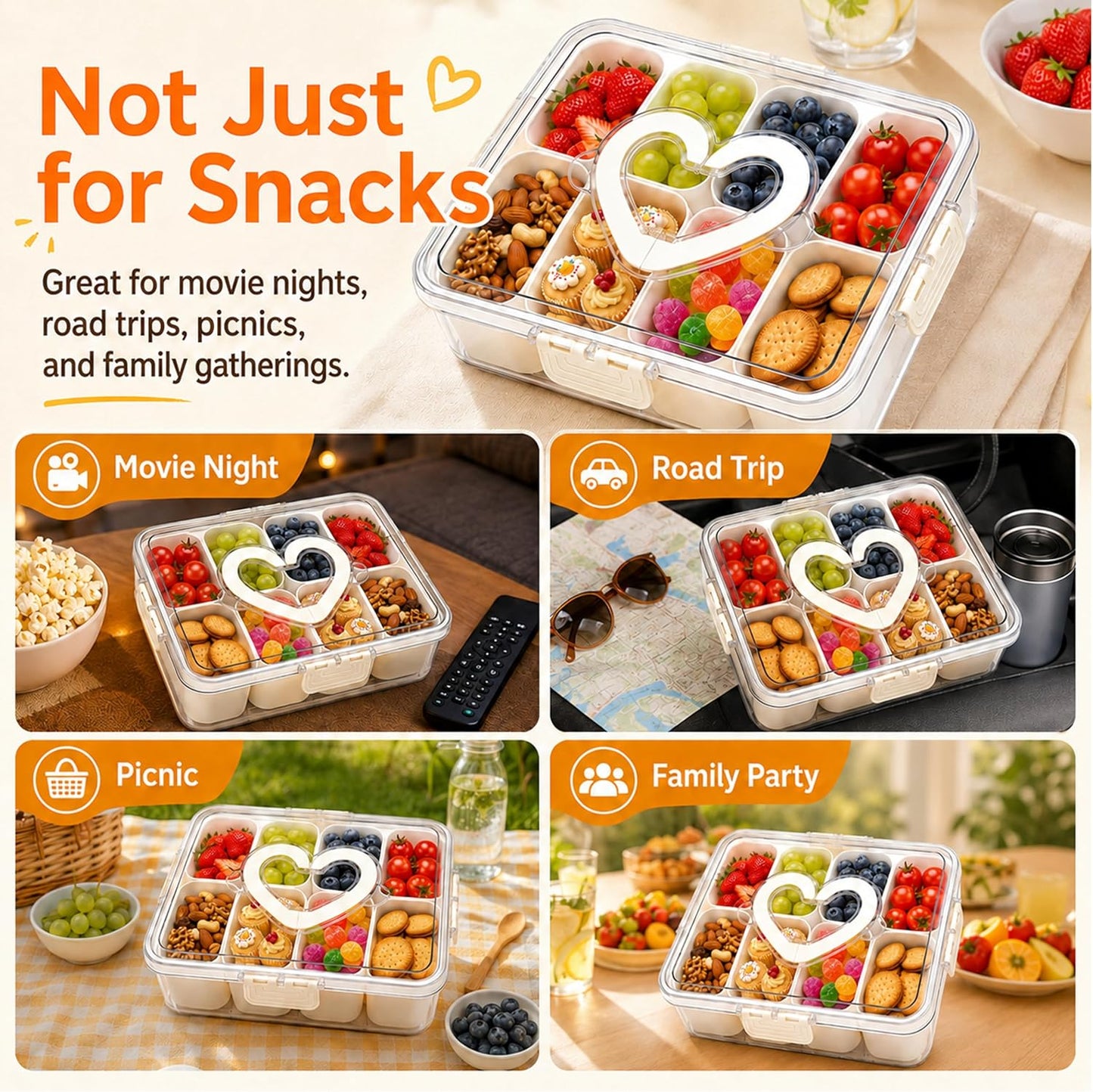 2 Pack Snackle Box Container with 8 Removable Compartments, Portable Snack Tray with Lid and Handle for Travel, Camping, Picnic, Party, Game Day & Movie Night