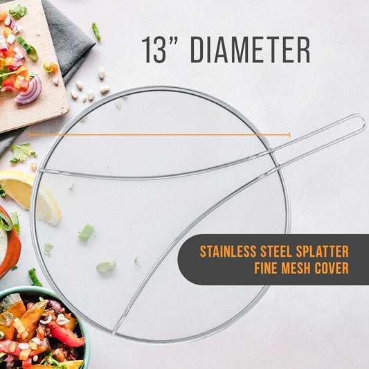 U.S. Kitchen Supply Set of 3 Stainless Steel Splatter Screen - 13", 11.5" & 9.5" Sizes - Fine Mesh Splatter Screen with Resting Feet Set, Grease Guard for Kitchen Pots and Pans