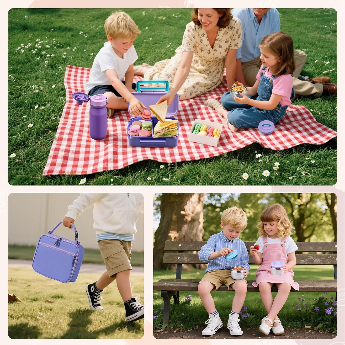 MAISON HUIS Bento Box for Kids with 8oz Soup Thermo, Insulated Lunch Bag & 17oz Water Bottle, 2-Compartment Bento Box with Built-In Ice Pack, Leak-Proof & BPA-Free (Purple)