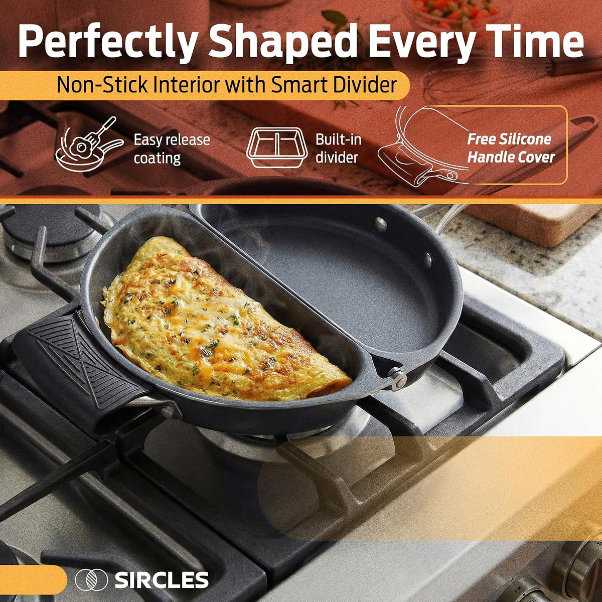SIRCLES Double Sided Omelet Pan, Nonstick Omelette Maker, 3004 Aluminum, Induction Compatible, Dishwasher Safe, PFOA Free, Flip Lock Egg Pan with Spatula & Recipe eBook