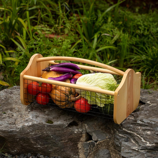 Gardenised Vintage Harvest Basket Pine Wood & Metal Mesh Wire Design Wooden Frame with Straight Handle for Fruits Vegetables Kitchen Organization Decorative Storage Home Décor & Garden Display