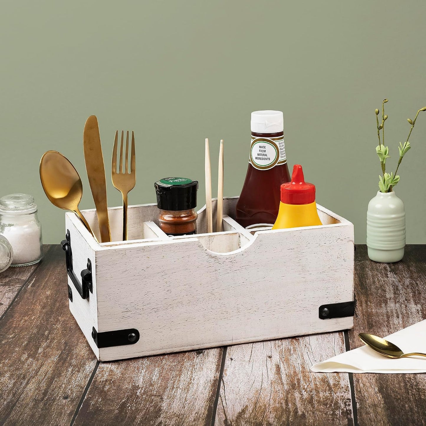 GoCraft 6-Compartment Wooden Flatware Caddy – Versatile Organizer for Kitchen Utensils, Silverware, Condiments, Craft Supplies, Makeup Brushes – Whitewashed Mango Wood with Sturdy Metal Handles