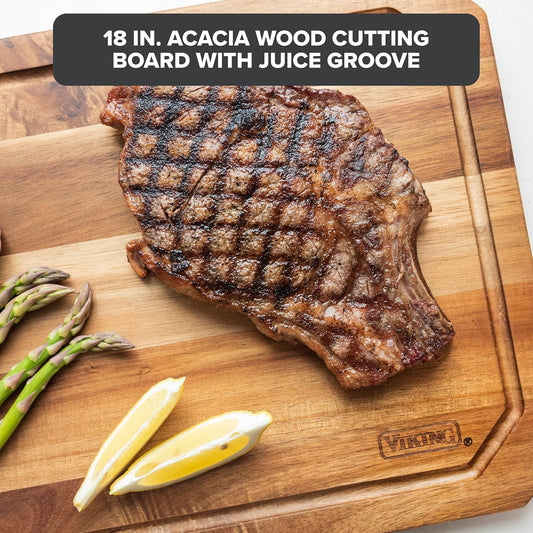 Viking Cutting Board, Acacia Wood Kitchen Carving Board with Juice Groove, 18 x 12 x 0.75 Inch