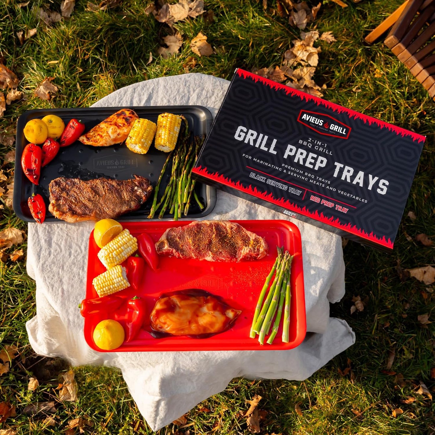 AVIEUS Grill Prep and Serve Trays | Set of 2 Stackable, Melamine Trays | Serving Tray & Marinating Tray | Serving Platter for Plating Food & BBQ Prep Tub for Marinating Meats | Grill Accessories |